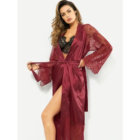 #L,Kimono Badekåber Lang Silke Satin Sort Kimono Badekåbe#