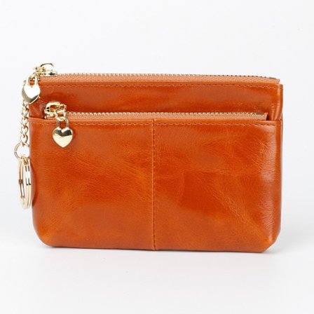 (Brun) Ekte skinn kvinners mini myntpung med glidelås, nøkkel