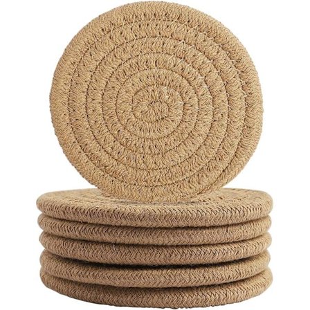 Sæt med 6 kaffefarvede coasters, runde, vævede, 11,5 cm i diameter, absorberende og varmebestandige.