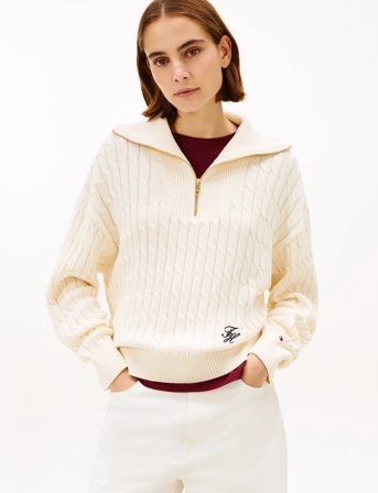Tommy Hilfiger Co Cable Mid Gg 1/2 Zip Ls Swt - Cream - L