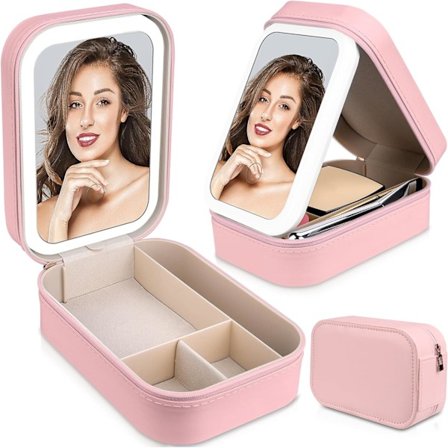 Rejsetaske til makeup med LED-spejl, bærbar makeup-opbevaringsboks - 3 farvetilstande, makeup-taske med spejl, makeup-boks med rum (B)