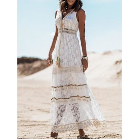 Sommar Boho Långa Klänningar Kvinnor Spets V-hals Spaghetti Rem Klänning Dam Off Shoulder Strandklänning Vit Klänning Vestidos De Mujer