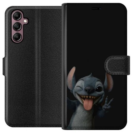 Yhteensopiva Lompakkokotelo Samsung Galaxy A14 5G Suloinen sininen fantasiolisko baskerilla ja croissantilla kaupunkimaiseman äärellä, romanttisesti m