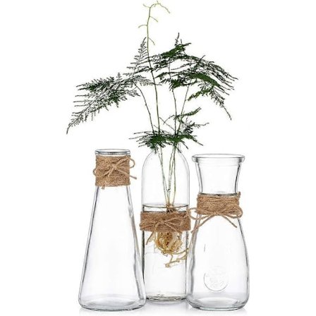 5 kirkkaan lasisen kukkamaljakon pakkaus, pienet lasimaljakot köysikoristeella eri muodoissa, kukkamaljakkokeskipiste häävastaanotolle/morsiusjuhlaan