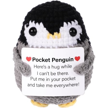 Hauska Taskupingviini-halaus, 6,6 cm neulottu positiivinen pingviini kortilla, tunteellinen tukivilla virkattu nukke perheelle ystäville 