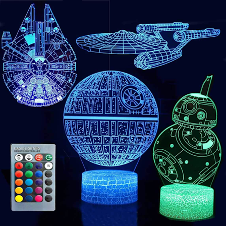 3D illusjonsnattlampe Star Wars med fire mønstre Dødsstjernen/Millennium Falcon/Romskip/BB-8 Interstellar 7 farger skiftende dekorativ lampe
