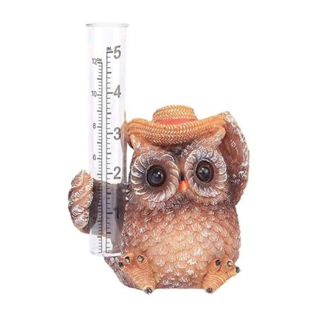 Vattentät och hållbar trädgårdsstaty i harts i form av en uggla med regnmätare