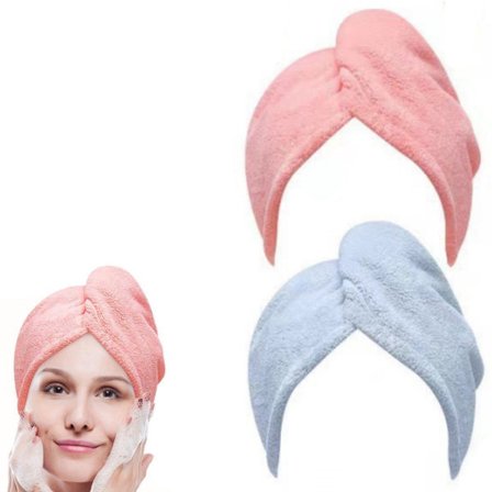 To-delt sæt - badehætte - badehåndklæde - let hovedhåndklæde - hårhåndklæde - hurtigtørrende - pink og blå
