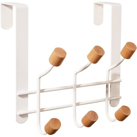 Vit - Tjänstgöringsdörrkrok i metall med 6 träkrokar för att hänga rockar, hattar, morgonrockar, handdukar, badrum, sovrum.