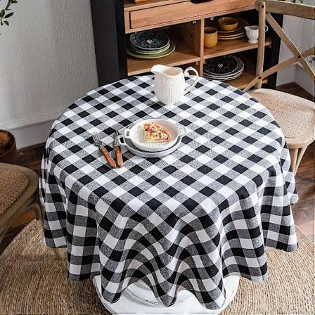 Svart og hvit bøffelrutete rund duk, rutete duk i bomulls- og linblanding for kjøkken, spisestue, støvtette duker (Svart-Xin