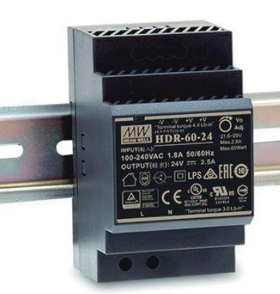 MEANWELL strømforsyning 24VDC, 60W DIN rail. Lav type