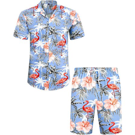 Herre Hawaiiskjorte og Shorts Sæt Regular Fit Kortærmet Casual Funky Strand Flamingo Skjortesæt XXL