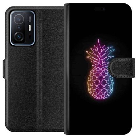 Kompatibelt Plånboksfodral till Xiaomi Xiaomi 11T Neonillustration av ananas i färgglatt ljus mot svart bakgrund