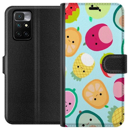 Kompatibel Tegnebogsetui til Xiaomi Redmi 10 Mønster af kawaii frugter som jordbær citron ananas og avocado på lyseblå baggrund