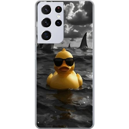 Kompatibelt Mobildeksel til Samsung Galaxy S21 Ultra 5G En kul gul badeand med solbriller flyter rolig i havet mens haier sirkler i dramatiskt vann og