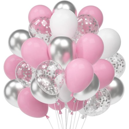 60 balloner, sølv, hvid, pink, sølv metalliske konfettiballoner, hvide latexballoner, til fødselsdag, bryllup, dåb, første kommunion, bryllup,
