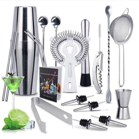 Boston 20-delers Cocktail Shaker Sett - Perfekt Bartender Kit for Hjemmebruk, Rustfritt Stål, Sølv,y