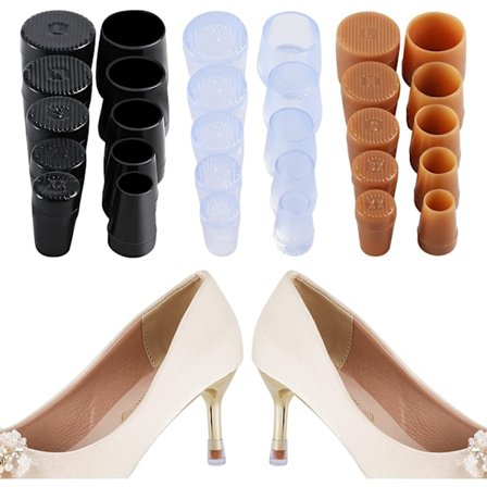 15 paria korkokappaleita (XS, S, M, L), mustat ja läpinäkyvät korkokengät