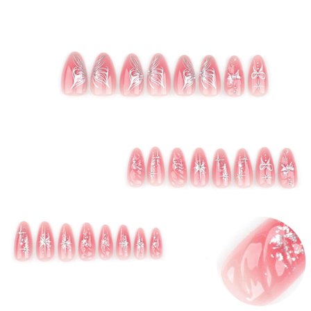 Medium Press-on Naglar Mandelforma Falska Naglar Nakenrosa Med Design Fjäril Rosett Lim på Naglar Glitter Stjärna Klistermärken Fulltäckande