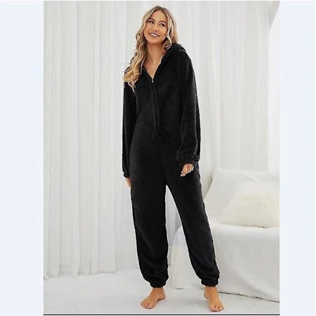 /EA/Trendig dame vinter fleece hettegenser med glidelås jumpsuit pyjamas svart