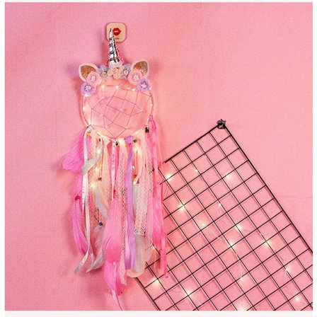 LED Drømmefanger med Farverige Fjer Håndlavet Børneværelse Wa