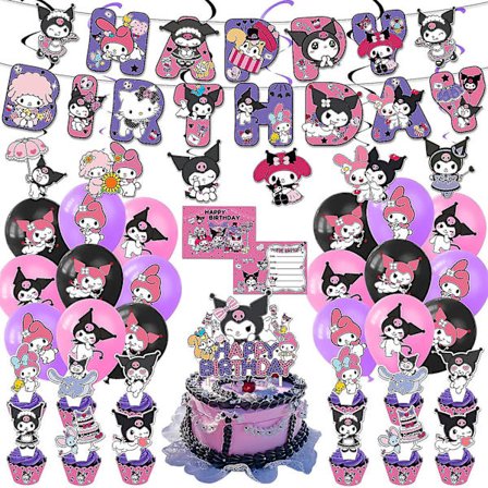 Kuromi-teema syntymäpäiväjuhlan koriste Kuromi Pull Flag Cake Account Balloon Spiral Spiral Suspension Invitation Card (FMY)