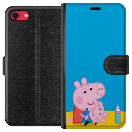 Yhteensopiva Lompakkokotelo Apple iPhone SE (2020) Peppa Pig haltijan teema kruunulla ja taikasauvalla vaaleanpunaisella taustalla, söpö lasten kuvi