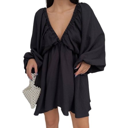 Klänning Swing Skater Bubble Långärmad Sommarklänning (Svart XL)