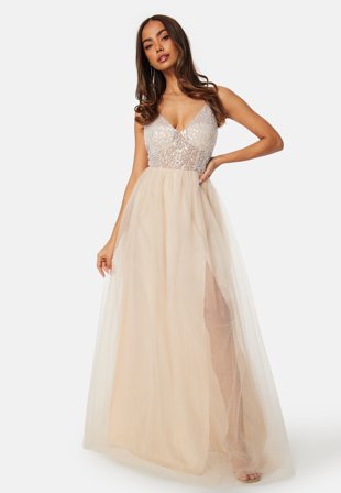 Bubbleroom Occasion - Pearl embroidered tulle gown - Light champagne - Kläder
