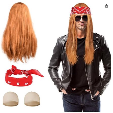 90-talls Rock Heavy Metal Rockstar-kostyme med 3 bandanaer, parykk, solbriller for Halloween-kostymer