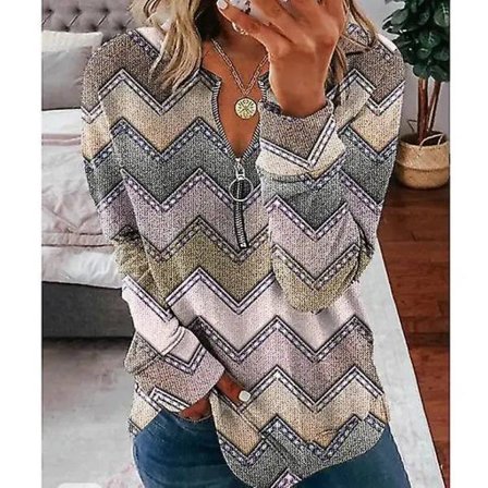 Raidallinen painettu pitkähihainen vetoketjullinen toppi naisille, ulkomaankauppa 002 tyyli S