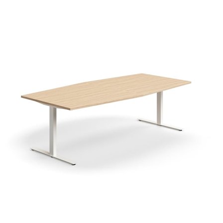Konferenztisch QBUS, Bootsform, 2400x1200 mm, T-Gestell, weiß/Eiche
