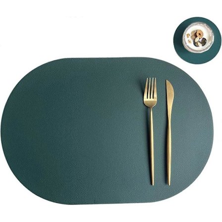 Sæt med 4 ovale dækkeservietter - Kunstlæder - Skridsikre og vandtætte - Inkluderer glasbrikker - Til hjemmet, køkkenet, restauranten - Grøn/beige-