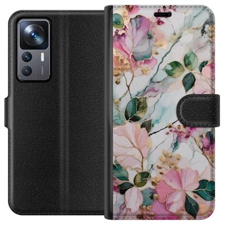 Kompatibel Tegnebogsetui til Xiaomi 12T Pro Abstrakt marmormønster med blomster, blade og gyldne detaljer i bløde pastelfarver