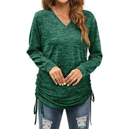Dam Långärmad V-hals T-shirt Enfärgad Tröja Med Dragsko