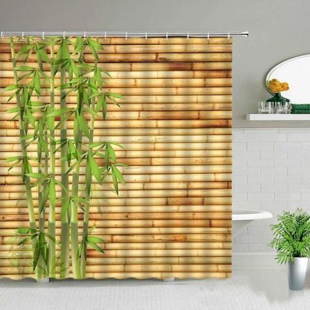 Grön bambu duschdraperi växt vattentät tyg badrum gardiner set vår landskap badkar hem dekor skärm med krokar 2434G 35x70in-90x180cm
