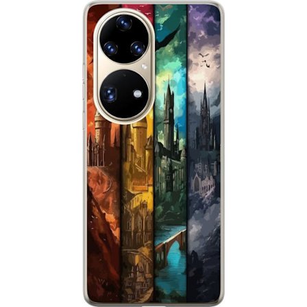 Kompatibel Mobilcover til Huawei Huawei P50 Pro Fire magiske slotte i forskellige elementfarver, episk fantasykunst med ild vand luft og mørke i deta