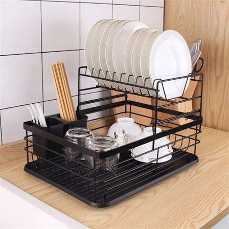 Dish Drying Rack, 2-Tier Stainless Steel Dish Rack Drainboard with Utensil Holder, 43x32x27cm