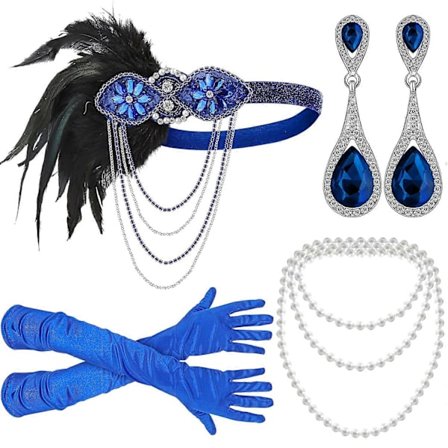 Flapper-asusteet, 1920-luvun Gatsby-asusteet naisille, sisältää Flapper-pääpantoja, kaulakorun, käsineet, musta