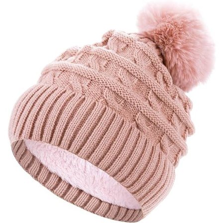 Bobble Hat til kvinder Vinter Beanie Huer Termisk Fleeceforet Hat Dame Strikkede Uld Huer med Faux Fur Pom