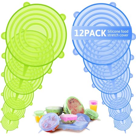 12 stycken (Grön + Blå) Silikonlock för Mat, 6 Olika Storlekar
