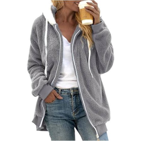 Huva jakke dame teddy fleece kåpe overgangsjakke med hette med lommer glidelås høst vinter plysj jakke fleece jakke vinter 4XL B Grå
