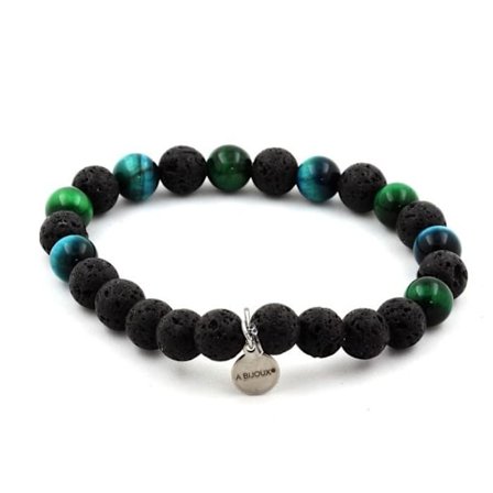 Stenar och mineraler. Green Tiger Eye Beads Armband + Light Blue Tiger Eye + Lava 8 Tillverkad i Frankrike.