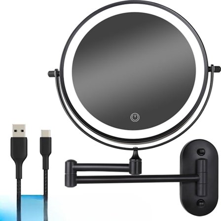 Sminkespeil med LED-belysning - 5X Forstørrelse - Rund Veggmontert - Barbering - Baderom - Dusj - Svart
