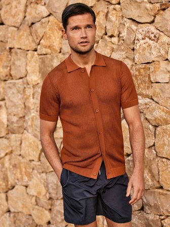 John Henric Men's Oranges Gestricktes Hemd Lyocell Seide Size M