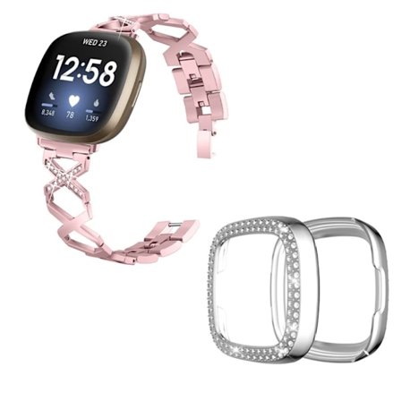 Fitbit Sense / Versa 3 X-formad med strassdekorerat klockarmband med silverfodral - Rosa Ros