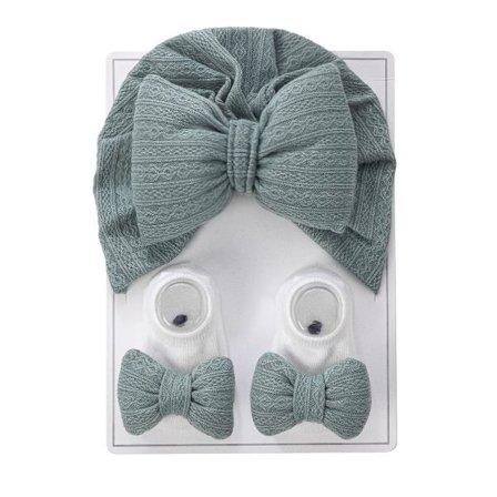 Gränsöverskridande baby halogen skydd dörr huvudduk hatt, nyfödd bomullsfylld stor rosett stickad hatt, ren bomullsstrumpset