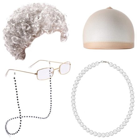 Halloween bestemorsparykk, briller og perlekjede, Halloween rollespilltilbehør