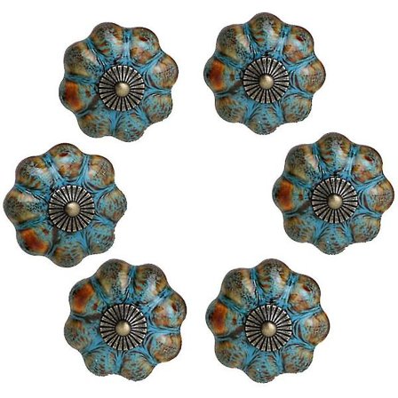 6 stk. Blå Malede Græskar Dørgreb - Dekorative Keramiske Glaserede Dørhåndtag