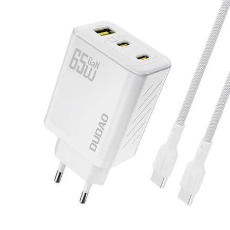Dudao 65W GaN vægoplader med USB-C-, USB-A- og USB-C-kabel - Hvid
